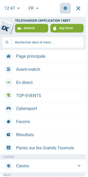 1xBet Menu