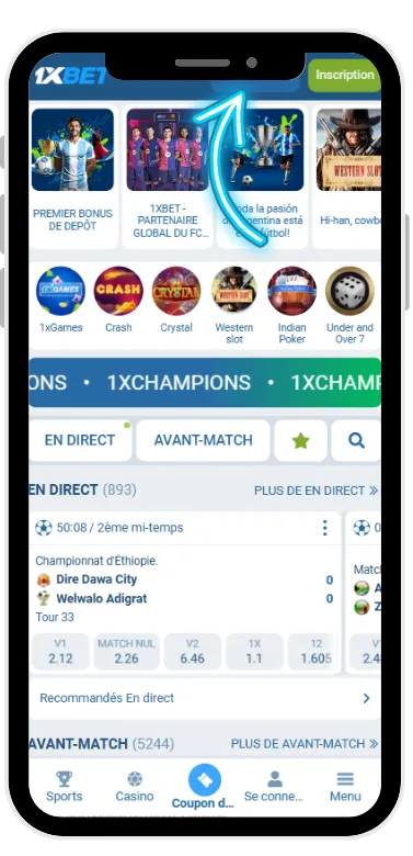 Cliquez sur connexion 1xbet